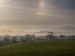 Misty Morning Drone Shot Sunrise Eshton Nr Malham, UK