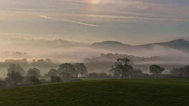Misty Morning Drone Shot Sunrise Eshton Nr Malham, UK