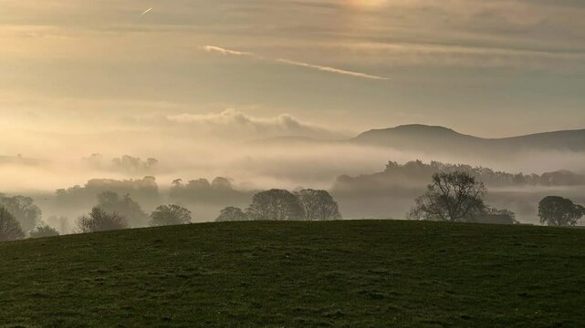Misty Morning Drone Shot Sunrise Eshton Nr Malham, UK