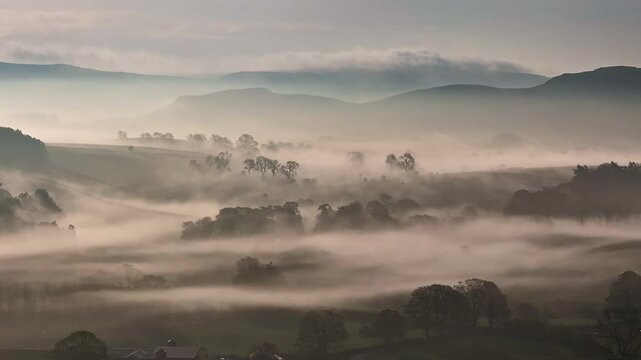 Misty Morning Drone Shot Sunrise Eshton Nr Malham, UK