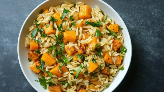 Roasted Butternut Squash with Orzo: A vibrant bowl of roasted butternut squash mixed with fluffy orzo and fresh parsley, presented in a visually appealing composition.