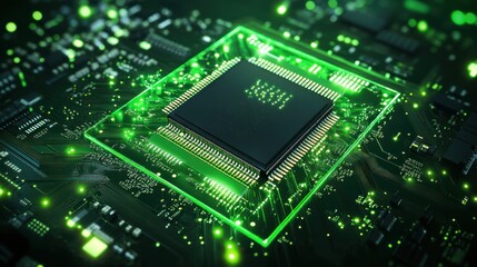 Green Glowing Microchip on Circuit Board