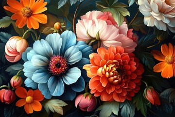 Colorful Floral Bouquet Featuring Orange, Blue, White, and Pink Flowers Arrangement