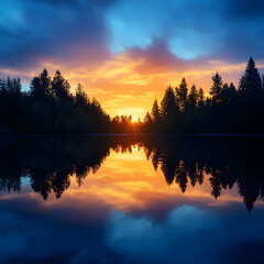 Obraz premium Ethereal Reflections: Capturing the Tranquility and Symmetry of Nature's Still Waters at Sunset