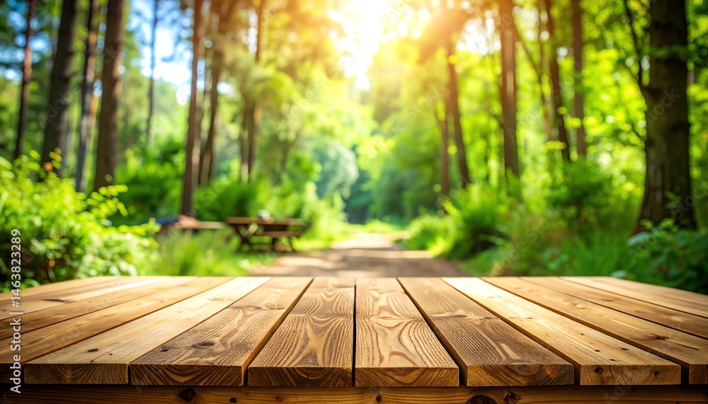 Poster a serene forest scene with a wooden table in the foreground, sunlight filtering through trees, creat