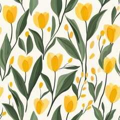 Obraz premium Seamless Pattern Featuring Bright Yellow Tulips Surrounded by Lush Green Leaves on a Soft Beige Background