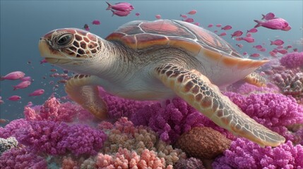 Fototapeta premium Majestic Sea Turtle Swimming Gracefully Among Vibrant Coral Reefs Surrounded by Colorful Fish in Crystal Clear Ocean Waters