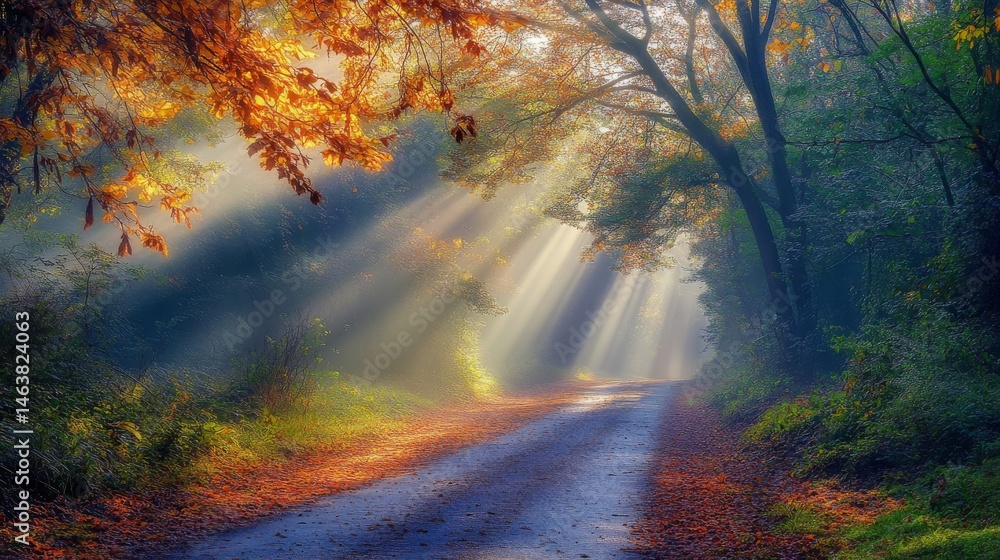 Wall mural a serene pathway through a vibrant forest. sunlight filters through the trees creating a magical atm