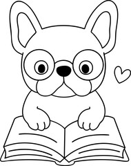 Cute French bulldog wearing glasses, reading book with heart, expressing joy and curiosity