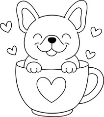 Cute French bulldog in cup with hearts, radiating joy and warmth