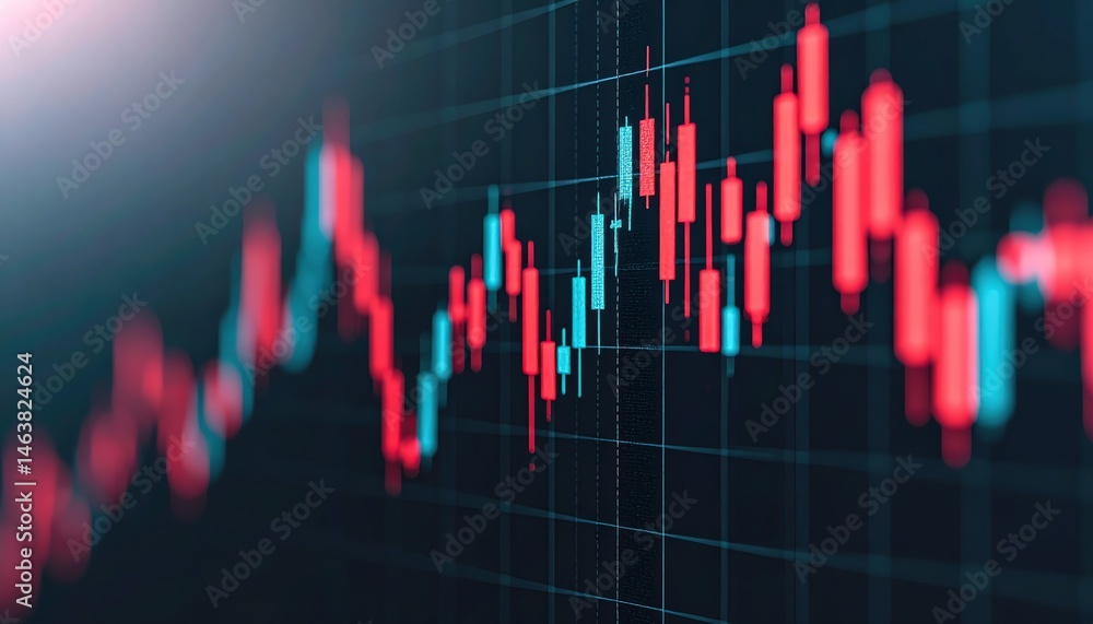 Poster a close-up view of a stock market chart displaying fluctuating prices with red and blue candlestick 