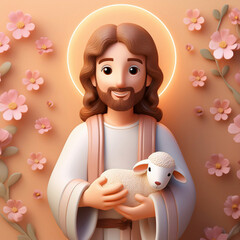 Cute 3D Jesus in blessing pose, soft color palette