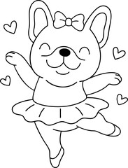Cute French bulldog dancing in ballet outfit, spreading joy and love with hearts around