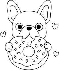 Cute French bulldog holding donut, surrounded by hearts, expressing joy and playfulness