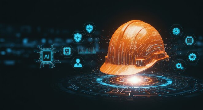 Orange hard hat on digital platform with abstract technology background.