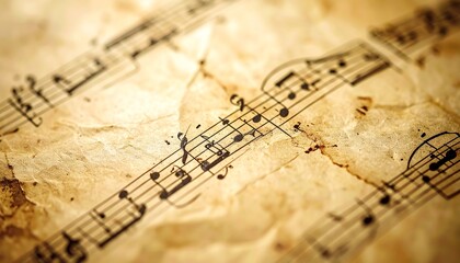 An aged sheet of music displaying intricate notes and symbols, evoking a sense of nostalgia and artistic expression