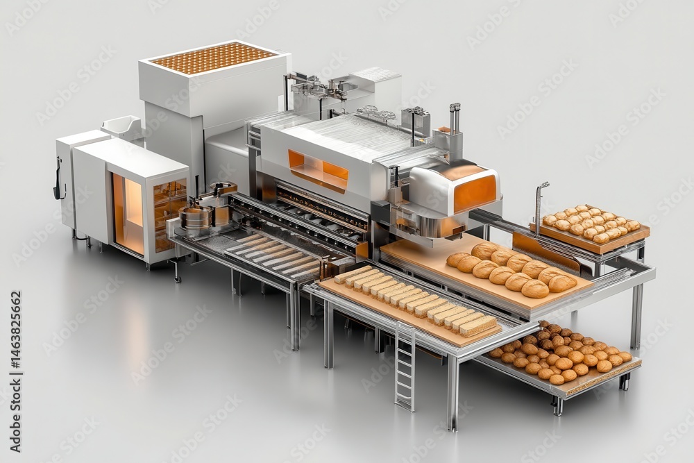 Poster automated bread production line with oven and cooling system on gray background. use for illustratin