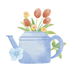 Watercolor Illustration of a Watering Can Filled with Flowers in isolated background