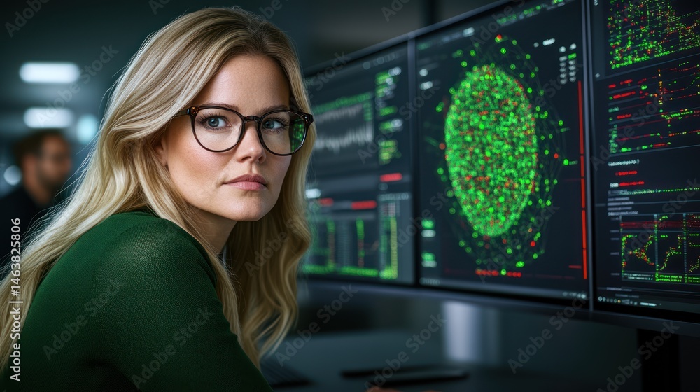 Poster focused data analyst: a woman's concentration on complex data visualizations