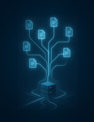 Isometric document tree growing from a data server, visualizing cloud storage and distributed file architecture in neon blue color.