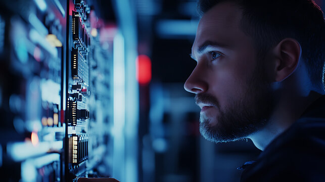 Technician Inspecting Server Equipment in Data Center