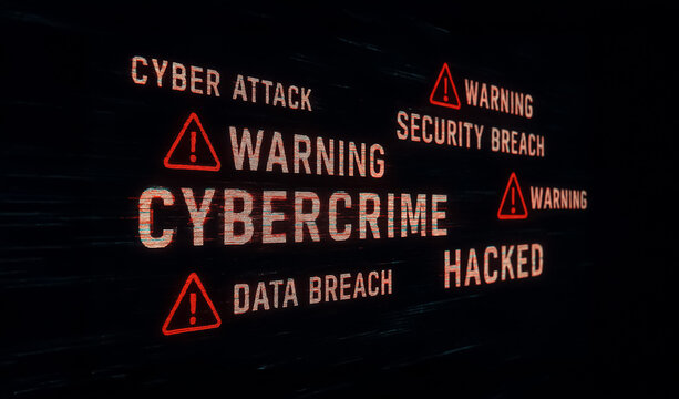 Digital glitch effect background showing multiple cybercrime alerts including security breach, hacked systems, and warning signs in red text on black screen.