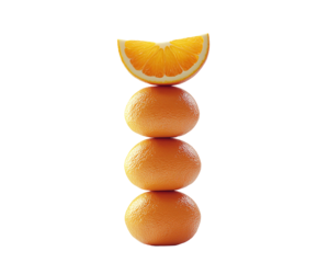 a stack of oranges with a slice of orange on top