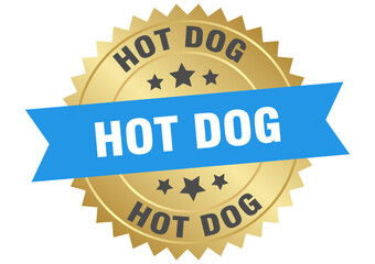 hot dog. hot dog round blue and gold label isolated on transparent background