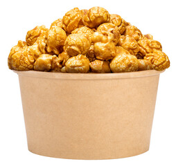 Caramel-coated popcorn in papper bucket Isolate on white background  PNG file.