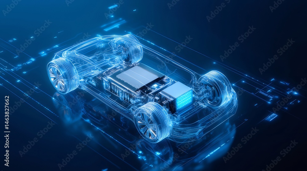 Aufkleber 抽象的な青色の電気自動車のシャーシの3Dレンダリング未来的な技術と自動車工学を示す詳細な内部構造基板と回路バッテリーテクノロジー