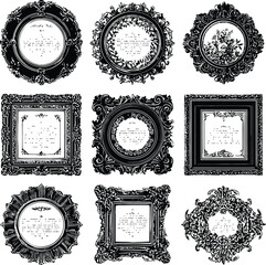Ornate Picture Frames Collection Vector Silhouette Featuring a Set of Nine Decorative Frames in Various Shapes, Embellished with Elegant Patterns and Classic Typography