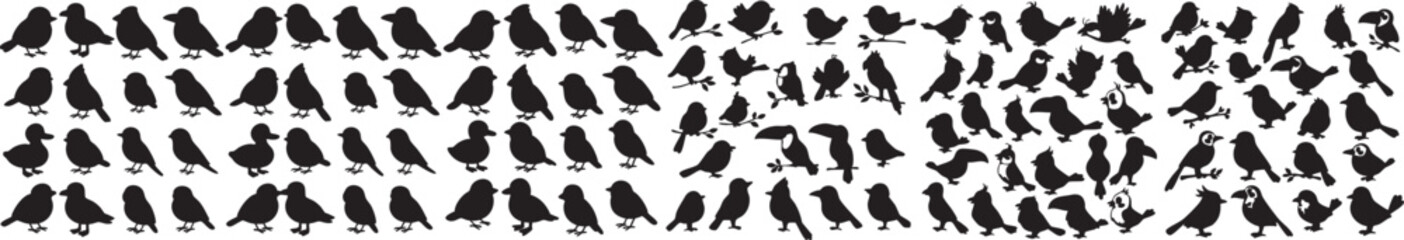 Fototapeta premium Collection of Small Bird Silhouettes, Bird Silhouettes Vector Illustration Flying Perched Small Birds Collection Outline Icons Black and White