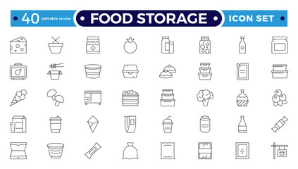 Food storage outline icon set .Groceries Icon Set. Fresh Produce, Dairy, Snacks, Meats, Condiments, Beverages, Baby Food, Household Items. Editable stroke outline icon.
