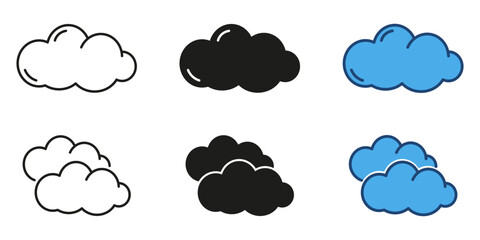 Cloud weather symbols line and solid icon set. Various cloudy shapes, including sunshine and rain elements, ideal for weather apps and forecasts. Isolated vector illustration