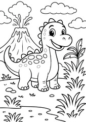 Cute Baby Dinosaur Coloring Page with coloured version Smiling Cartoon Dino with Volcano, Clouds, and Jungle Plants Printable Line Art for Kids-01