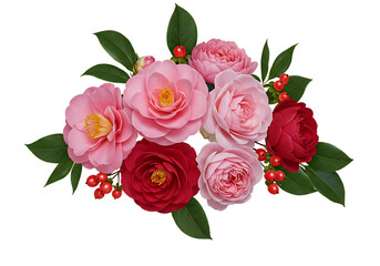 Beautiful bouquet arrangement of camellia flowers in shades of pink and red oIsolated on transparent background