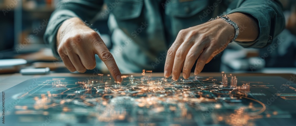 Poster hands point at bright network connections across a large dark surface. information technology design