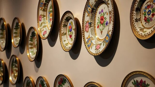 Decorative plates arranged on a wall in an elegant style  