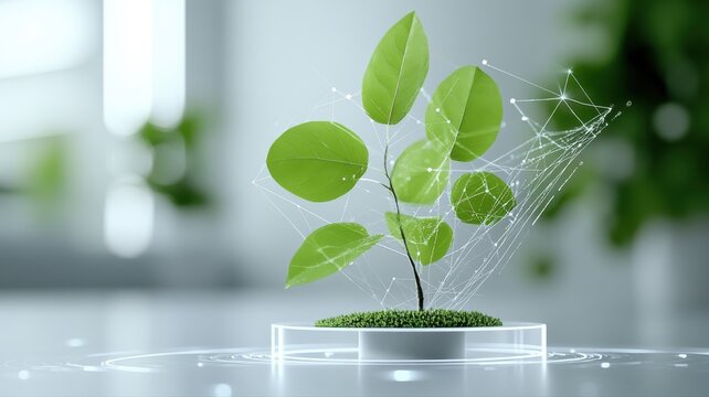 Eco-Tech: Plant with Digital Network Overlay plant digital network leaves green growth technology ai