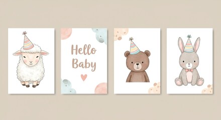 Cute baby animal party cards with lamb, bear, and bunny in party hats