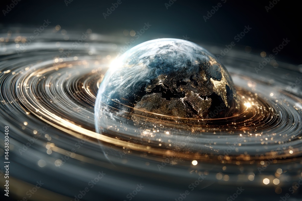 Poster exploring cosmic dynamics earth in motion space digital art galaxy close-up universe
