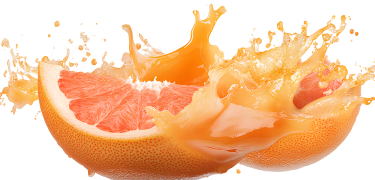 Skin may suffer from redness and spots. Isolated transparent background images of orange and grapefruit juice splashes in PNG format