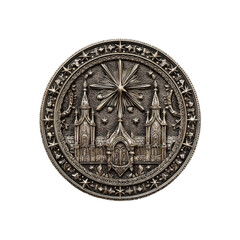 Fototapeta premium Intricate Silver Medallion with Starburst and Architectural Design