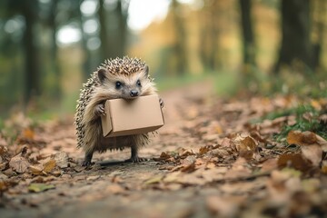Obraz premium Hedgehog deliveryman on a forest path, with parcel spines creating a whimsical and charming scene of nature and service.