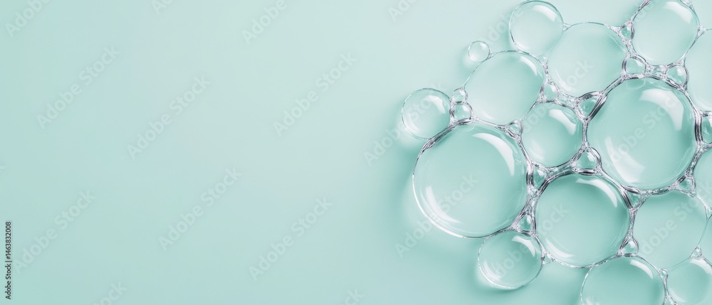 Poster clear bubbles cluster together on light blue surface. group of shiny translucent spheres. spherical 