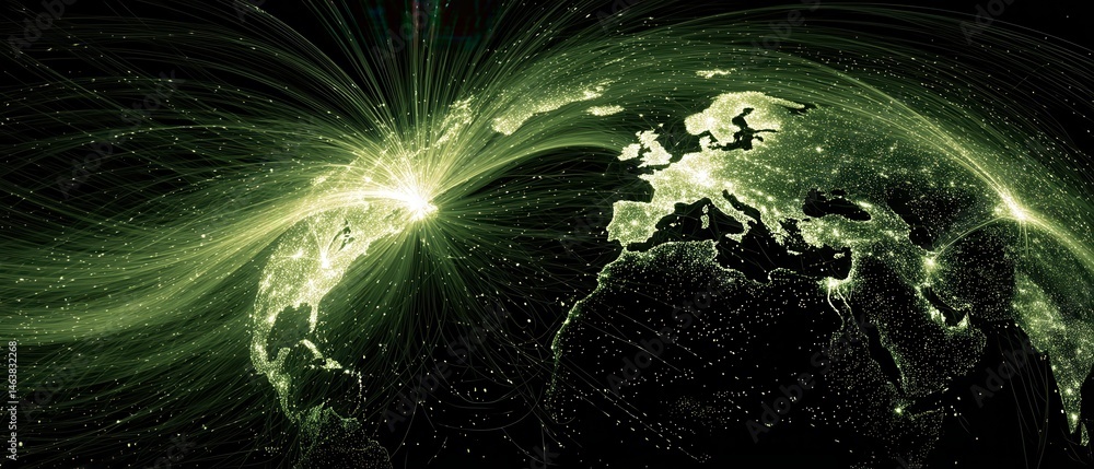 Poster digital art of global data connectivity abstract visualizing information flow at night