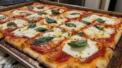 Homemade square pizza with mozzarella, basil, and tomato sauce