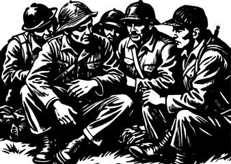 Depict the camaraderie between soldiers sharing a quiet moment amidst chaos.