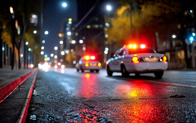 Emergency lights reflect on wet city street