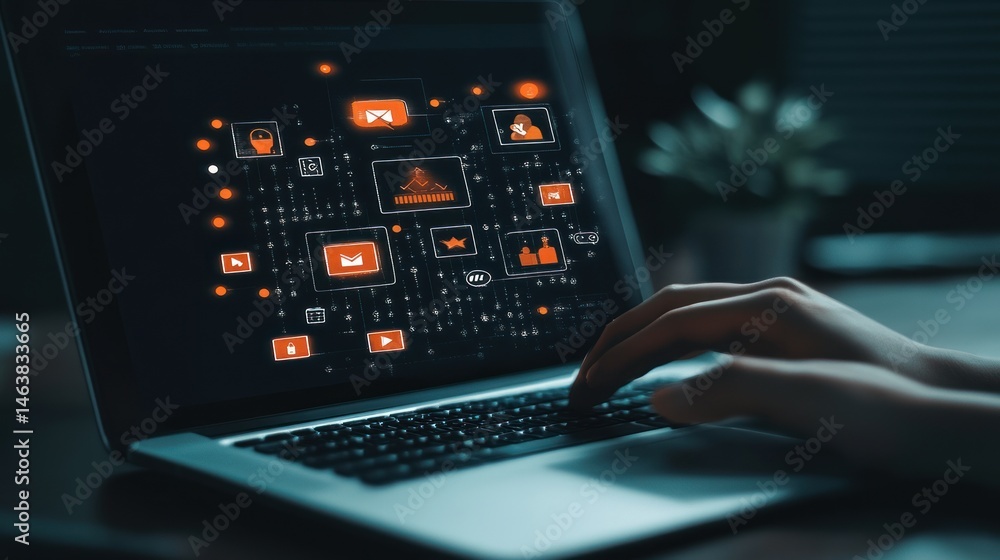 Poster laptop user interacting with digital interface
